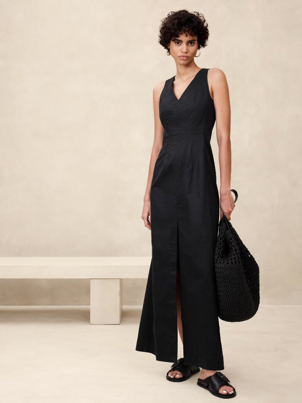 NWT Banana Republic Factory sz 12 Black Linen Blend Seam Bodice Maxi Dress